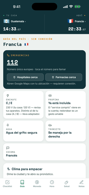 Pantalla de Guía de Tornaviaje: emergencias, enchufe, agua y propina de Francia