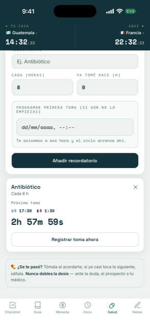 Pantalla de Salud de Tornaviaje: cuenta regresiva de la próxima toma de Antibiótico en hora de casa y de destino
